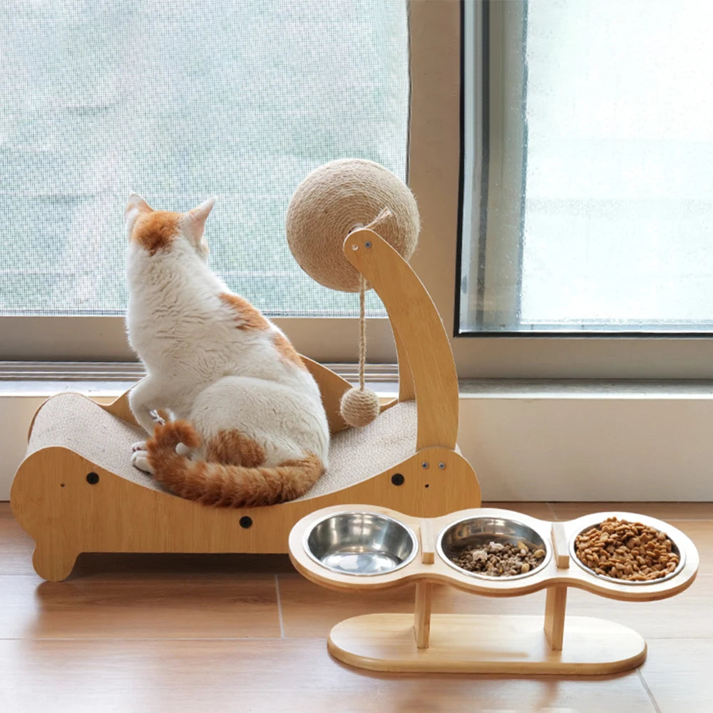 Tilt Raised Cat Bowl Dog Bowl Three Slot Wooden