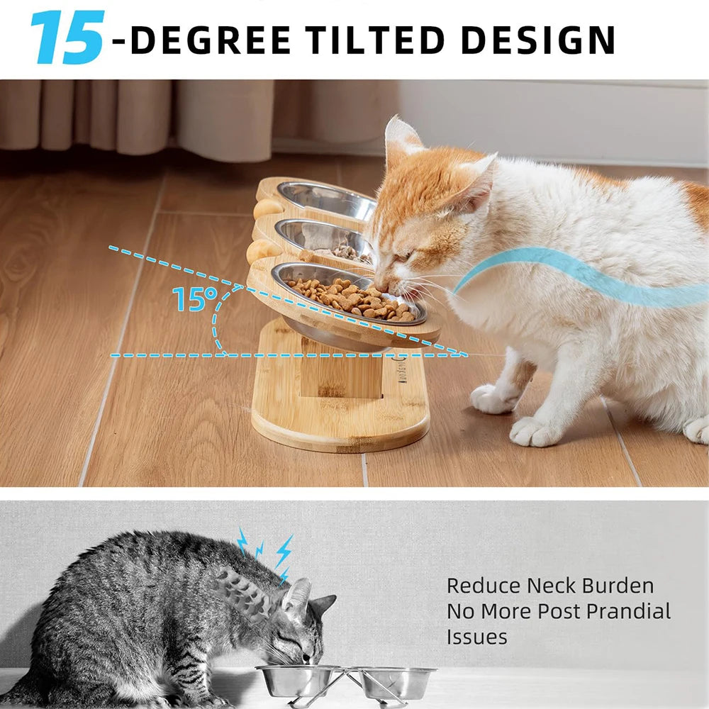Tilt Raised Cat Bowl Dog Bowl Three Slot Wooden